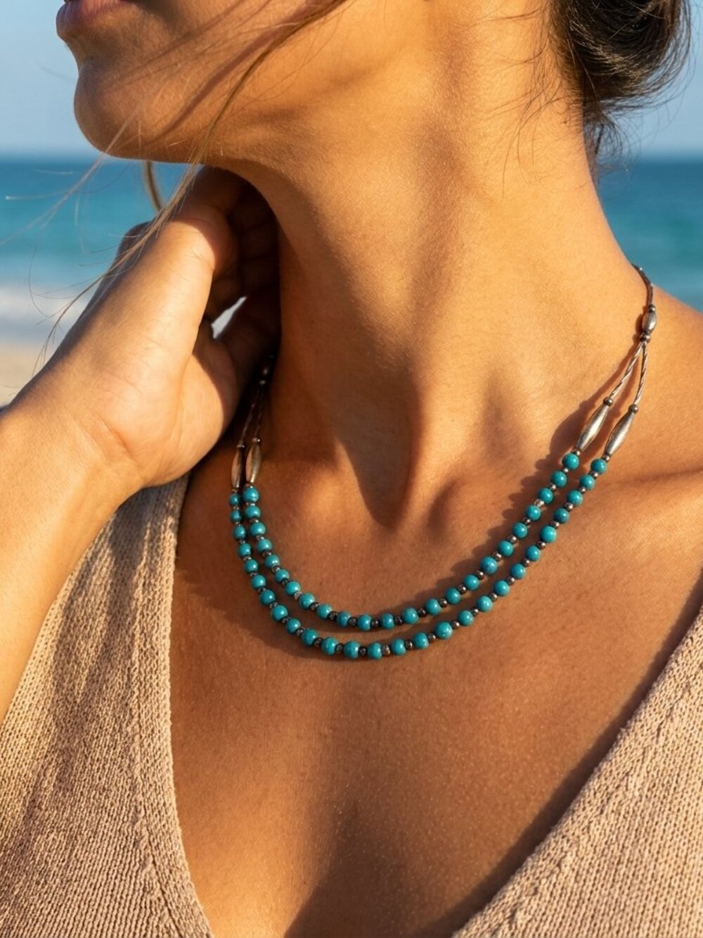 Vintage Southwest Blue Double Strand Beaded Necklace